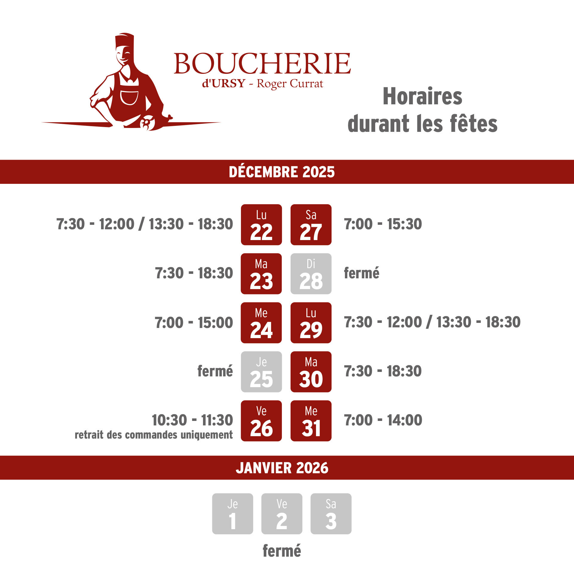 Horaires durant les fêtes